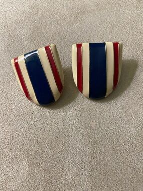 Signed M J Ent Vintage 1990s Patriotic Enamel Earrings- Pierced - White Red Blue